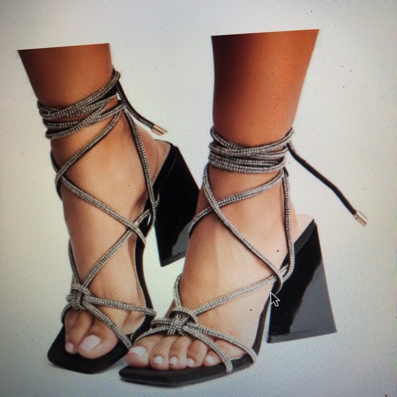 New rhinestone chunky heel strappy sandals lace up - Picture 2 of 6